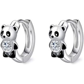Tiny Panda CZ Cartilage Small Hoop Earrings for Women Teen Girls Little Cute Sterling Silver Plated Animal Mini Sleeper Huggie Hoops Hypoallergenic Round Cirlce Piercing Hooped Fashion Jewelry Gift