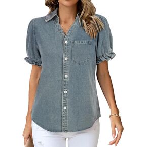 KANCY KOLE Womens Denim Shirts Button Down Short Puff Sleeve Lightweight Jeans Shirts with Pocket Business Casual Tops