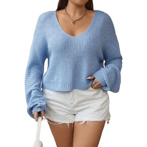 WDIRARA Women's Plus Size V Neck Long Sleeve Ribbed Knit Sweater Casual Pullovers