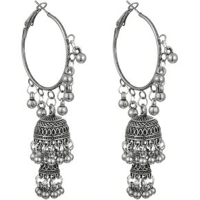 Charm Huggie Hoop Jhumka Jhumki Earring Bohemian Bell Drop Earrings Fashion Ethnic Gypsy Traditional Bollywood Tassel Dangling Oxidized Boho Jewelry Gift for Women Girls Christmas Wedding Bff