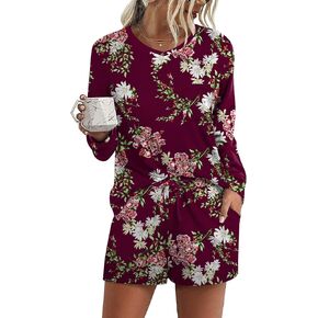 Leafsay Women's Pajama Sets Long Sleeve Top and Shorts V Neck 2 Piece Lounge Set Sleepwear with Pockets
