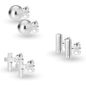 Small Set of 3 Pairs 925 Sterling Silver Ball Star Moon Cross Heart Triangle Bar CZ Love-Knot Stud Earrings for Girl Teen