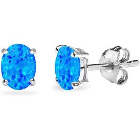 Sterling Silver Synthetic Opal Oval-Cut Solitaire Stud Earrings for Women Teens & Girls