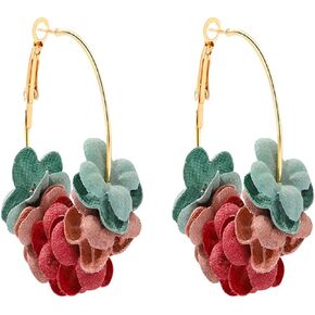 MALOYANVE Floral Fabric Hoop Earrings for Women Girls Tiered Flower Statement Tassel Earrings Lightweight Leaf Chandelier Drop Dangle Earrings for Daily Dresses Wedding Holiday Party