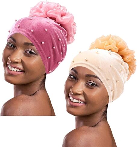Yeilhile Boho Flower Headwraps Beige Pearl Headwrap Pre-Tied Elastic Velvet Party Prom Turban Beanie Caps for Women(Pack of 2) in Kuwait