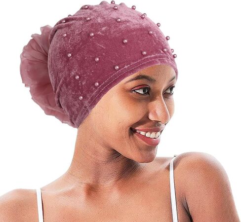 Yeilhile Boho Flower Headwraps Beige Pearl Headwrap Pre-Tied Elastic Velvet Party Prom Turban Beanie Caps for Women(Pack of 2) in Kuwait