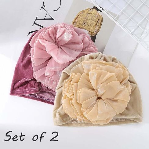 Yeilhile Boho Flower Headwraps Beige Pearl Headwrap Pre-Tied Elastic Velvet Party Prom Turban Beanie Caps for Women(Pack of 2) in Kuwait