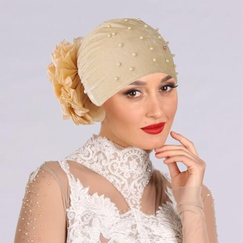 Yeilhile Boho Flower Headwraps Beige Pearl Headwrap Pre-Tied Elastic Velvet Party Prom Turban Beanie Caps for Women(Pack of 2) in Kuwait