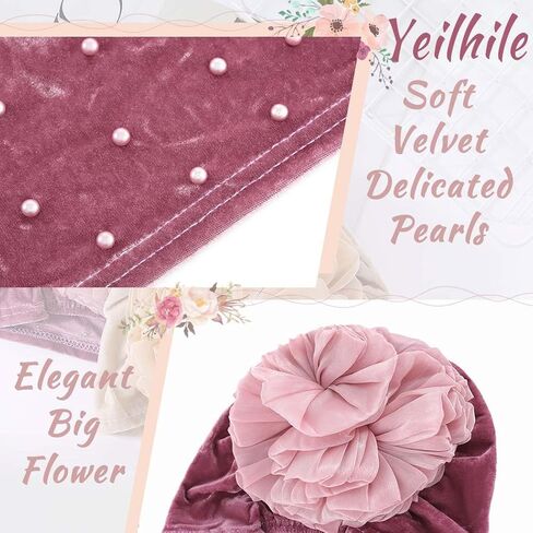 Yeilhile Boho Flower Headwraps Beige Pearl Headwrap Pre-Tied Elastic Velvet Party Prom Turban Beanie Caps for Women(Pack of 2) in Kuwait