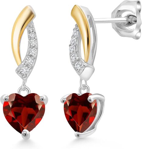Gem Stone King 925 Silver and 10K Yellow Gold Red Garnet and White Lab Grown Diamond Dangle Earrings For Women (2.07 Cttw, Gemstone Birthstone, Heart Shape 6MM) in Saudi Arabia