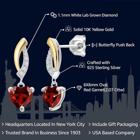 Gem Stone King 925 Silver and 10K Yellow Gold Red Garnet and White Lab Grown Diamond Dangle Earrings For Women (2.07 Cttw, Gemstone Birthstone, Heart Shape 6MM) in Saudi Arabia