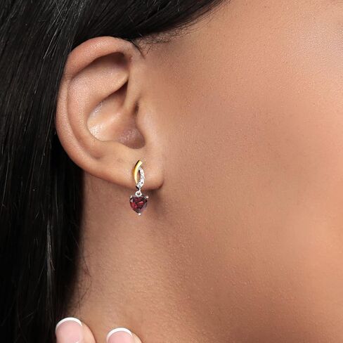 Gem Stone King 925 Silver and 10K Yellow Gold Red Garnet and White Lab Grown Diamond Dangle Earrings For Women (2.07 Cttw, Gemstone Birthstone, Heart Shape 6MM) in Saudi Arabia