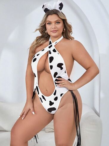 WDIRARA Women's Plus Size Cow Print Costumes Criss Cross Halter Bodysuit Lingerie with Hairhoop in Saudi Arabia