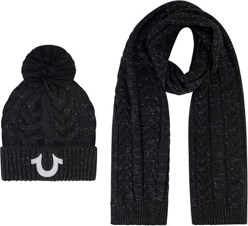 True Religion womens Beanie Hat and Scarf Set, Winter Cuffed Knit Cap With Lurex Cable Pom and ScarfBeanie Hat in Saudi Arabia