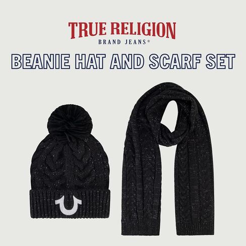 True Religion womens Beanie Hat and Scarf Set, Winter Cuffed Knit Cap With Lurex Cable Pom and ScarfBeanie Hat in Saudi Arabia