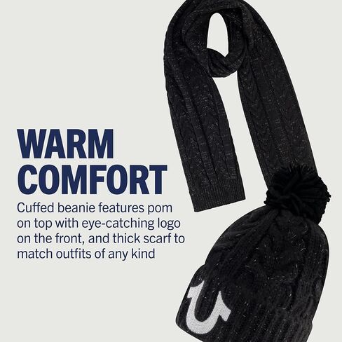 True Religion womens Beanie Hat and Scarf Set, Winter Cuffed Knit Cap With Lurex Cable Pom and ScarfBeanie Hat in Saudi Arabia