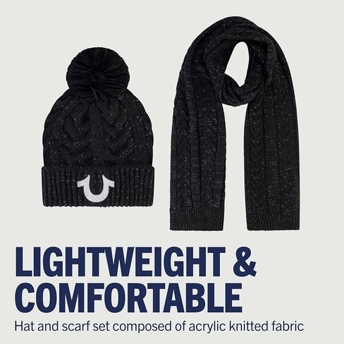 True Religion womens Beanie Hat and Scarf Set, Winter Cuffed Knit Cap With Lurex Cable Pom and ScarfBeanie Hat in Saudi Arabia