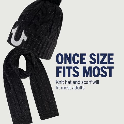 True Religion womens Beanie Hat and Scarf Set, Winter Cuffed Knit Cap With Lurex Cable Pom and ScarfBeanie Hat in Saudi Arabia