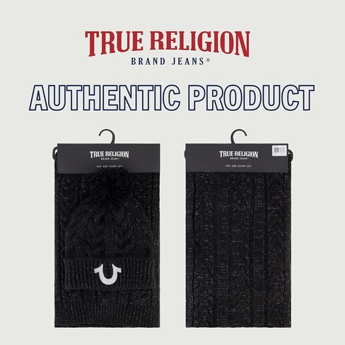 True Religion womens Beanie Hat and Scarf Set, Winter Cuffed Knit Cap With Lurex Cable Pom and ScarfBeanie Hat in Saudi Arabia