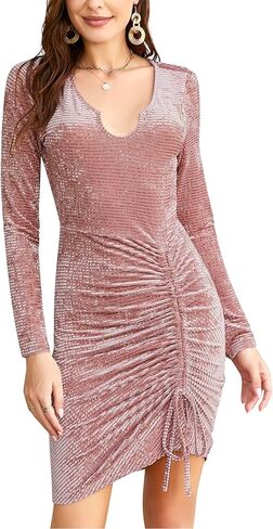 فستان نسائي قصير مكشكش من Leadingstar بأكمام طويلة ورقبة مدببة مثيرة وقابلة للتمدد لحفلات الكوكتيل in Kuwait