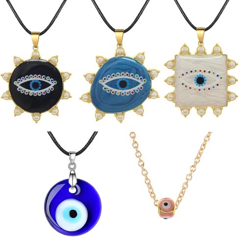 NASAMA 5Pcs Evil Eye Necklace Leather Rope Chain Blue Glass Eye Pendant Protection Necklace for Women Men Boys Girls Presents in Kuwait