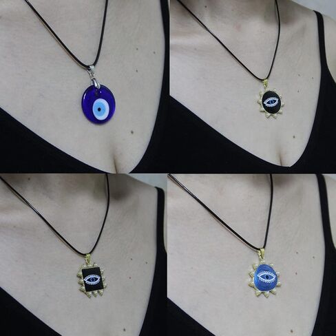 NASAMA 5Pcs Evil Eye Necklace Leather Rope Chain Blue Glass Eye Pendant Protection Necklace for Women Men Boys Girls Presents in Kuwait