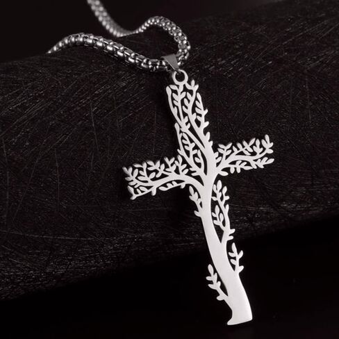 Jude Jewelers Stainless Steel Christian Cross Tree of Life Religious Prayer Church Christmas Baptizing Pendant Necklace in Saudi Arabia