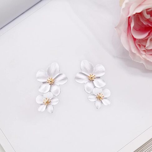 Bohemian Daisy Flower Matte Floral Petal Drop Dangle Studs Earrings Layered Tiered for Women Girls Chic Boho Wedding Jewelry in Kuwait