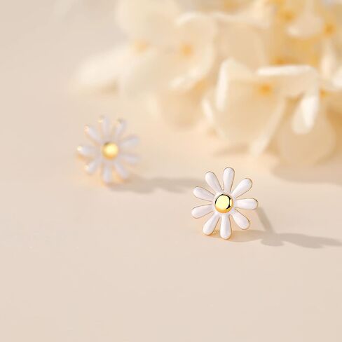 Flower Earring Stud, Mariafashion Sterling Silver Two-Tone White Daisy Flower Earrings Hypoallergenic Post Earrings For Women Girls Kids in Saudi Arabia