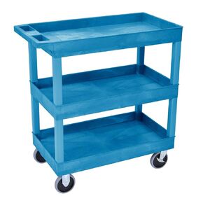 Luxor Three Shelf Heavy Duty High Capacity Tub Cart with Handle - 18"D x 35.25"W x 37.25"H, Plastic, Blue