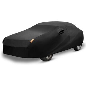 uxcell 190T 450x175x150cm Black Car Cover Waterproof Breathable Scratch Rain Snow Heat Resistant with Driver Door Zipper Mirror Pocket and Reflective Strips