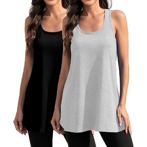 DYLH Cotton Racerback Yoga Tops Woman Athletic Workout Tops Loose Fit Long Tanks Moisture Wicking Running Gym 2 Pack