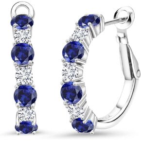 Gem Stone King 925 Sterling Silver Blue Created Sapphire and White Lab Grown Diamond Hoop Earrings For Women (2.60 Cttw, Gemstone September Birthstone, Round 4MM and 3MM)