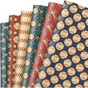 AnyDesign 12 Sheets Baseball Wrapping Paper -Not Roll- Red Blue Gift Wrap Paper Vintage Art Kraft Paper Folded Flat for DIY Crafts Birthday Baby Shower Party Favors Supplies, 19.7 x 27.6 Inch