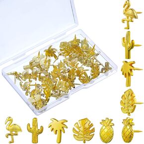 40 Pieces Gold Push Pins Cute Push Pins Tropical Office Supplies 5 Designs Decorative Thumb Tacks Cactus Palm Leaf Push Pins for Photos Wall, Maps, Bulletin Board, Cork Boards