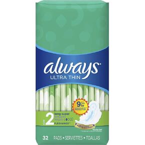 Always Ultra Thin, Size 2, Super Pads with Wings, Unscented, 32 Count