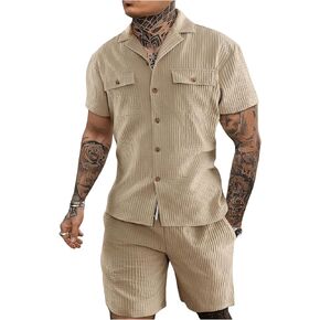 Floerns Men's Collared Neck Textured Shirts Slant Pockets Track Shorts 2 Pieces Outfits