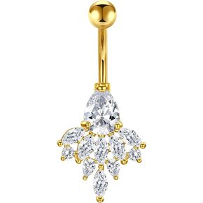 FECTAS 14g Belly Button Rings Dangle Surgical Steel CZ Navel Ring Barbell for Women Girls Body Piercing Jewelry Rose Gold Silver