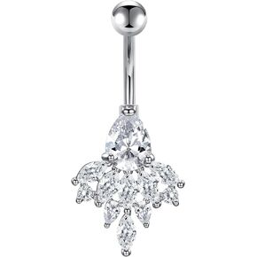 FECTAS 14g Belly Button Rings Dangle Surgical Steel CZ Navel Ring Barbell for Women Girls Body Piercing Jewelry Rose Gold Silver