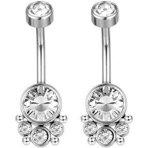 G23 Solid Titanium Belly Button Rings Piercing,ASTM F136 Implant Grade Titanium Navel Rings,Nickel Free,Low Gloss Polished Bar Smooth Surface,Crystal CZ,14G,2Pcs