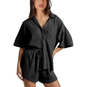 IQSQSQ 2 Piece Crochet Swimsuit Cover Ups for Women Hollow Out Knit Half Sleeve Tops Shorts Sets