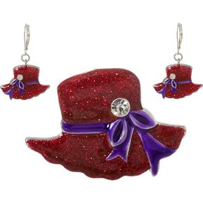 Artisan Owl - Glittering Red Hat Society Dangling Earrings and Brooch Pendant Pin Set