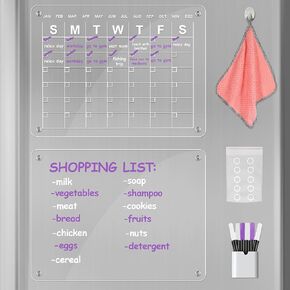 VUSEONE Acrylic Magnetic Calendar for Refrigerator Clear Set, Dry Erase Board Monthly Calendar and Blank Board for Memos 6 Dry Erase Markers with 2 colors Clear Calendar for Fridge Reusable Blank Memo