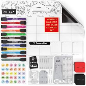 ARTEZA Monthly Magnetic Calendar for Refrigerator Set (17x13 inches) - 3 X Dry Erase White Boards + 12 Dry Erase Markers + 2 Dry Erasers