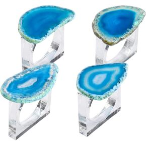Set of 4 Agate Napkin Rings, WarmHut Natural Agate Slice with Acrylic Square Clear Napkin Rings Holder for Dinner Table Christmas Thanksgiving Holiday Parties Decoration, Blue