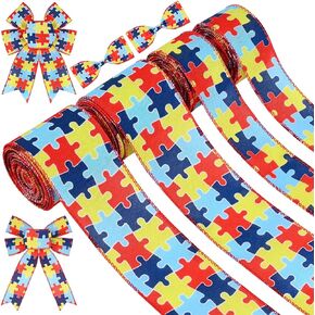 4Rolls 20Yards Autism Awareness Wired Ribbon Colorful Puzzle Fabric Ribbon for Gift Wrapping Bow Wreath Making Craft Supplies, 2.5 Inch/1.5 Inch