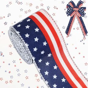 Red White and Blue Ribbon, Patriotic Ribbon Wired White Star Blue Ribbon for 4th of July Independence Day USA Memorial Day Decoration Party Wreath Bows Making DIY Crafts Wrapping, 10 Yards x 2.5in