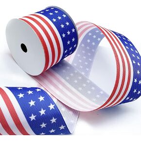 Patriotic America Flag Ribbons 2.5" * 10 Yards, Patriotic Stars and Stripes Labor Day Wired Edge Burlap Ribbon, White, Red, Blue Ribbon for Veterans Day Wrapping DIY Crafts Decor Wreaths Bow