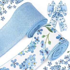 AnyDesign White and Blue Wired Edge Ribbon Blue Floral Craft Ribbon 20 Yard 2.5 Inch Forget-Me-Not Myosotis Sylvatica Fabric Ribbon for Wedding Bridal Shower Wreath Bow DIY Craft Gift Wrapping, 2 Roll