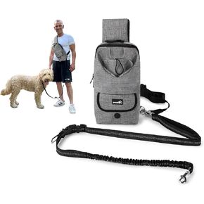 Pecute Hands Free Dog Leash with Pouch, Hands Free Leash Crossbody for Large Dogs, Elastic Dog Leash with Dual Handles for Walking Running, Reflective Shock Absorbing Bungee(54"-70", 25-150 lbs, Grey)